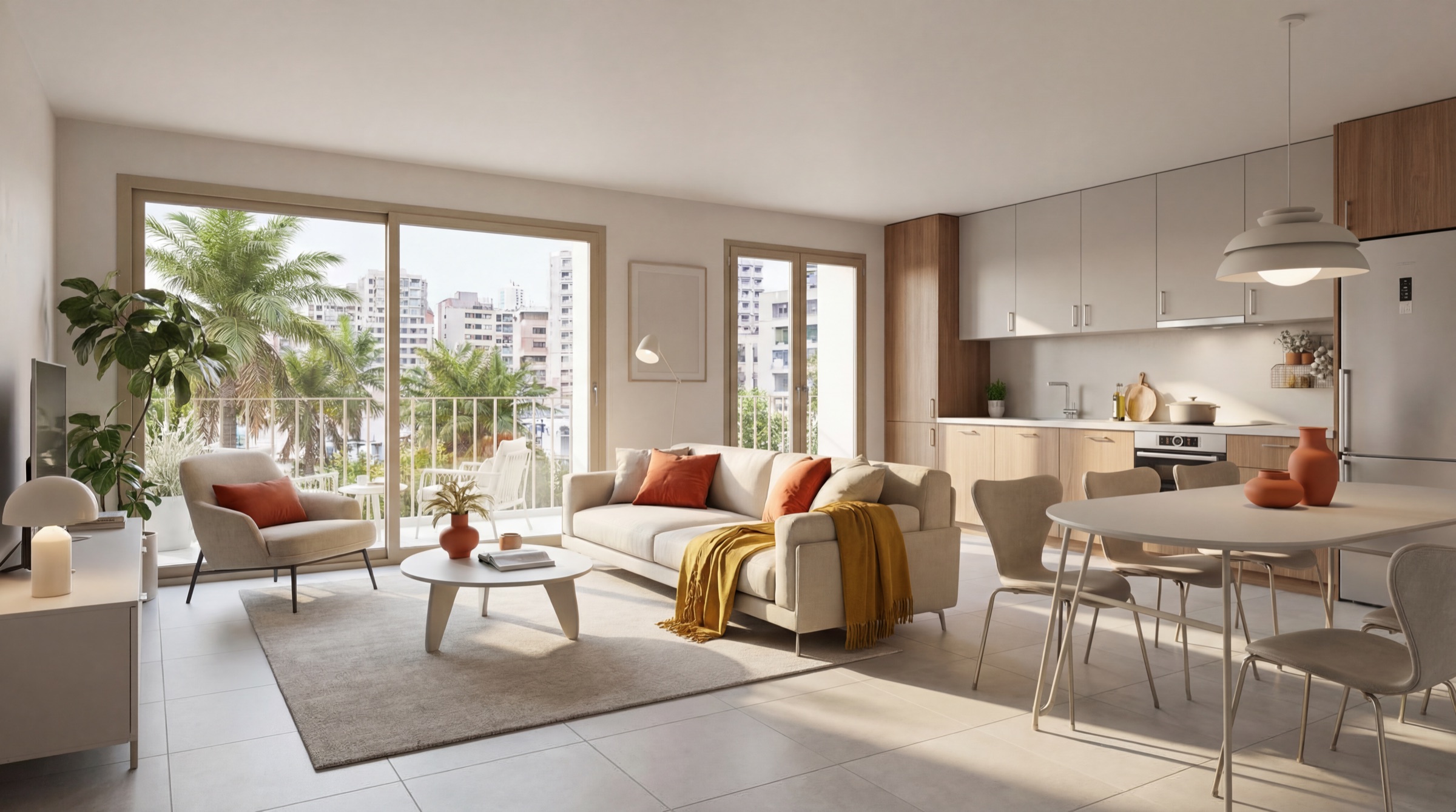 Le séjour d'un appartement : cuisine ouverte, baie vitrée et balcon sur les palmiers
