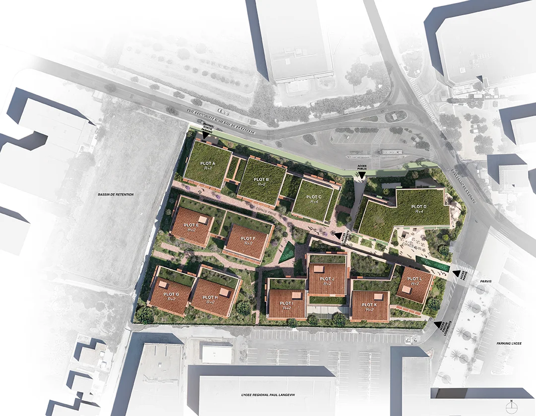 Plan de masse : les plots de la résidence autour du cœur d'îlot, entre la route et le lycée Paul-Langevin